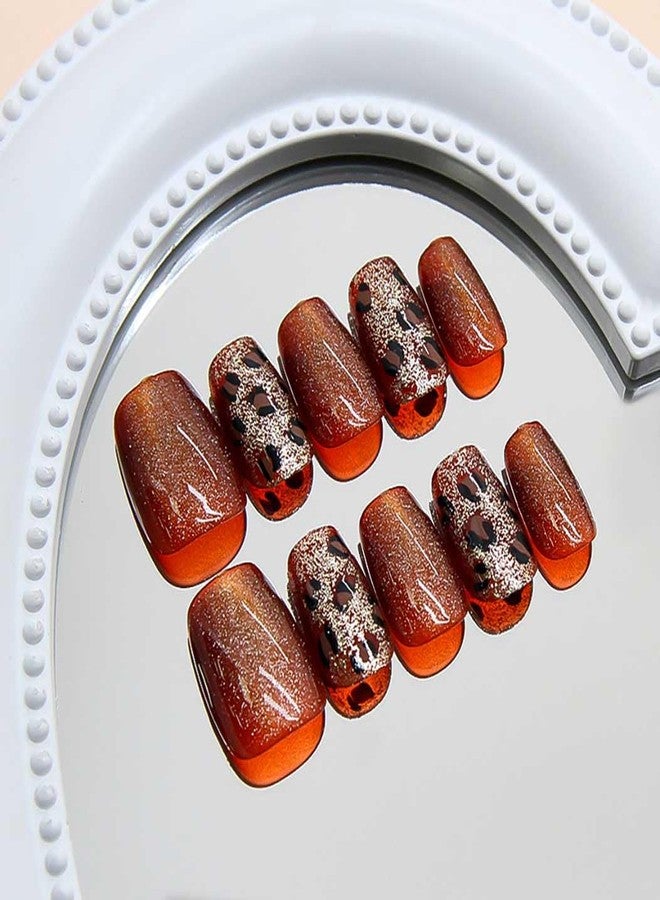 RikView Square Press on Nails Medium Fake Nails with Cat Eye Finish Caramel Nails Glossy Full Cover Nails for Women 15 Sizes - 30 PCs/Set - Image 3